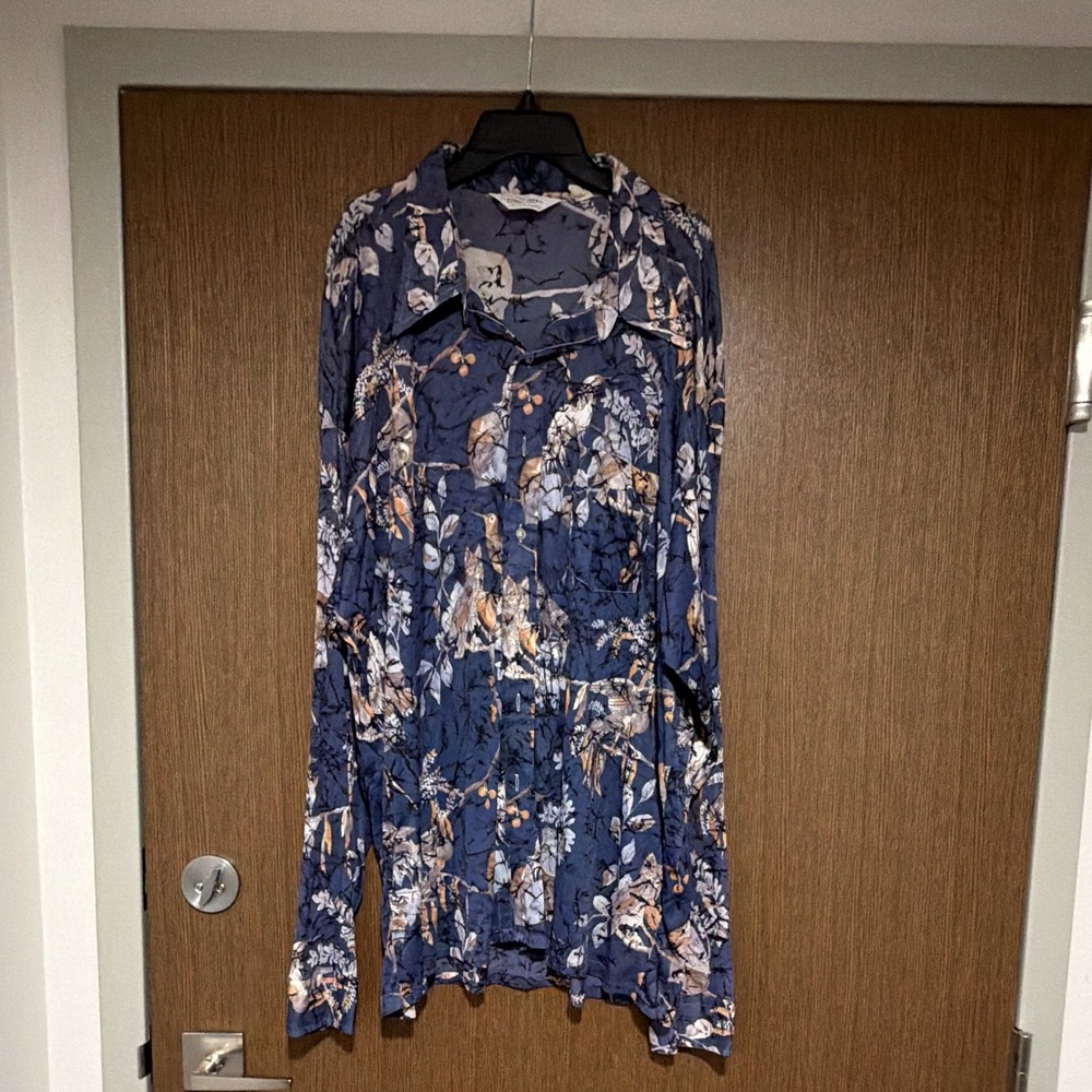 The King Size Co. Men's Big & Tall 3XL Blue Floral Long Sleeve Button-Up Stretch